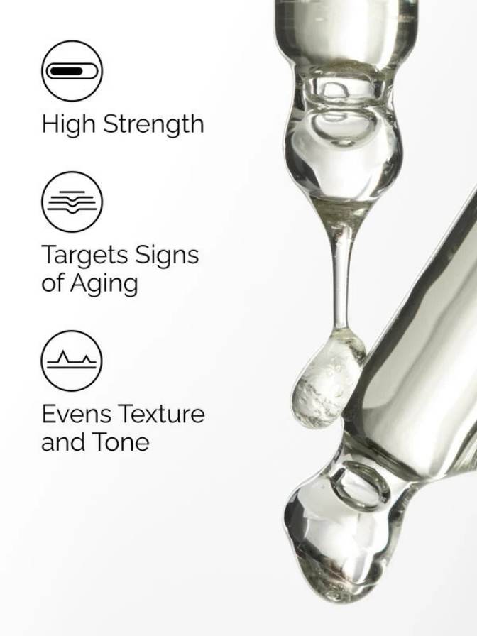 Close-up of a skincare dropper with text highlighting its benefits on a white background