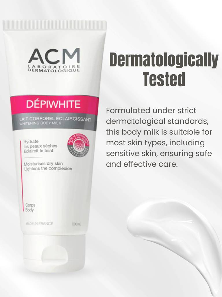 ACM Dermatologically Tested body milk with text on a white background