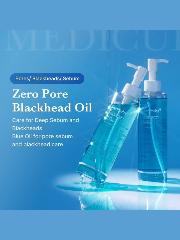 Blue skincare product bottles with text on a blue background