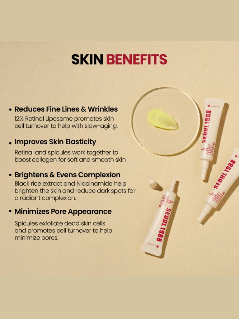 Product packaging with text highlighting skin benefits on a beige background