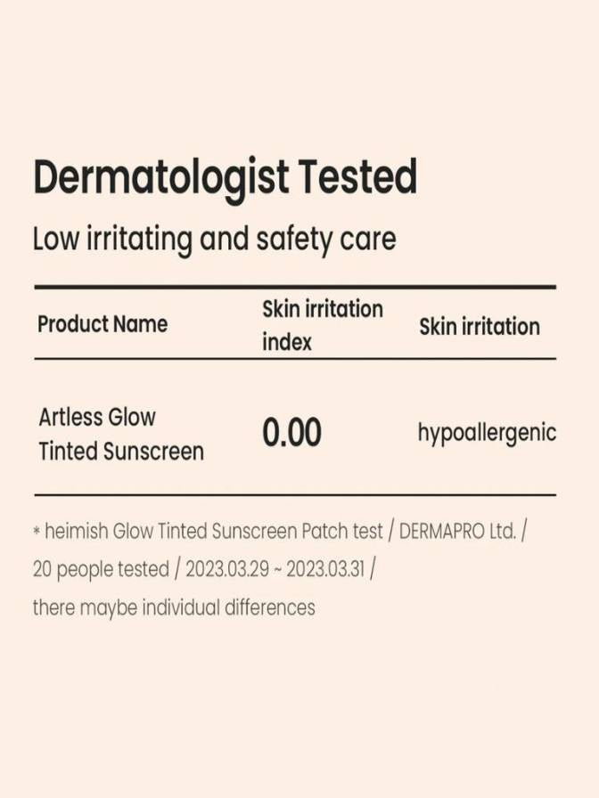 Product information card for Artless Glow Tinted Sunscreen with dermatologist testing details.