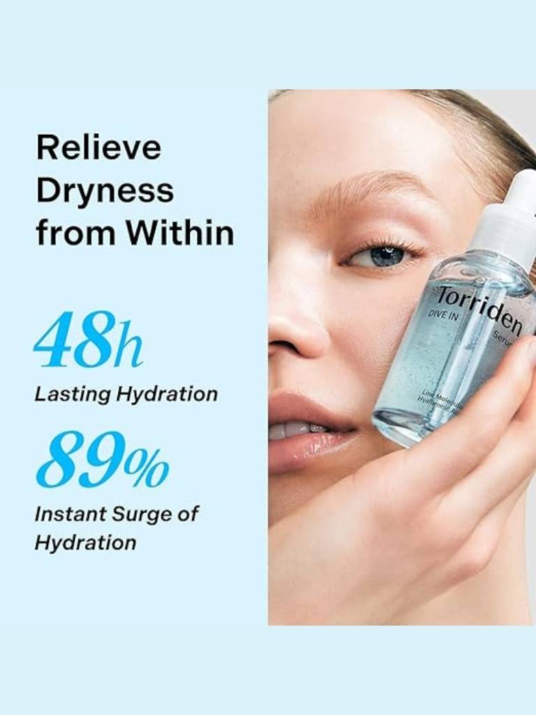 Advertisement for Torriden skincare product with text on hydration benefits on a light blue background