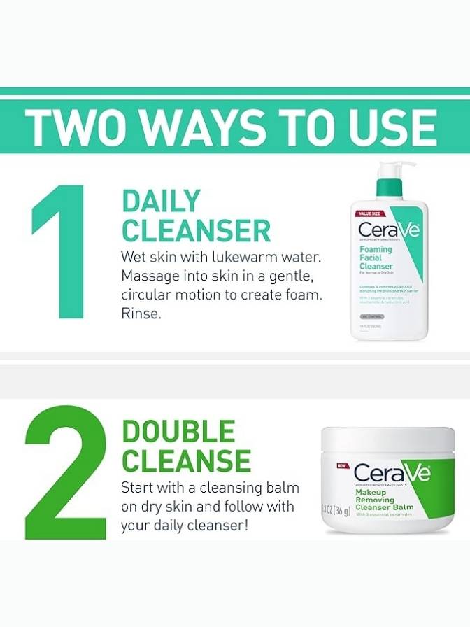 CeraVe daily cleanser and makeup removing balm with usage instructions on a white background