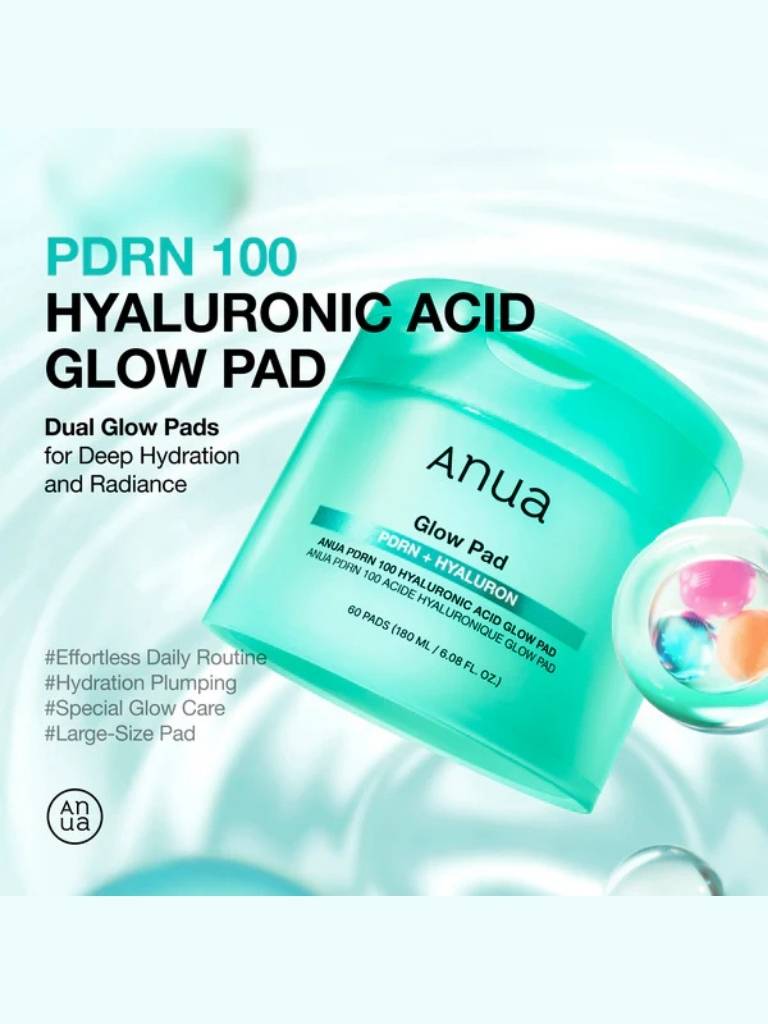 Anua hyaluronic acid glow pad packaging with text on a light blue background