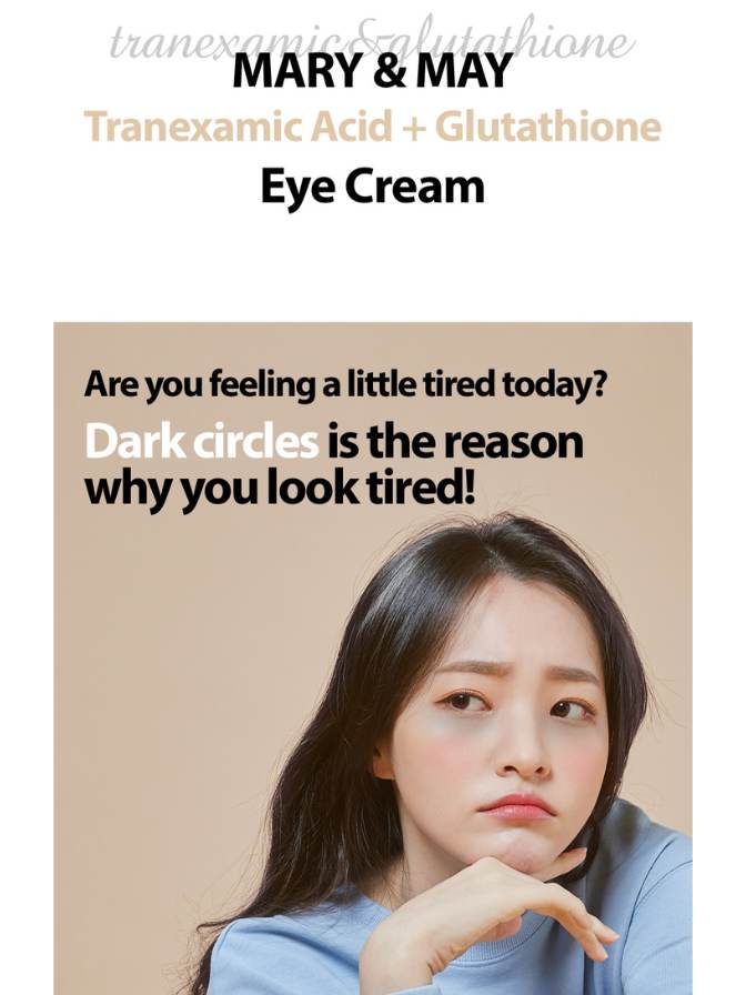 Advertisement for eye cream with a woman looking tired on a beige background