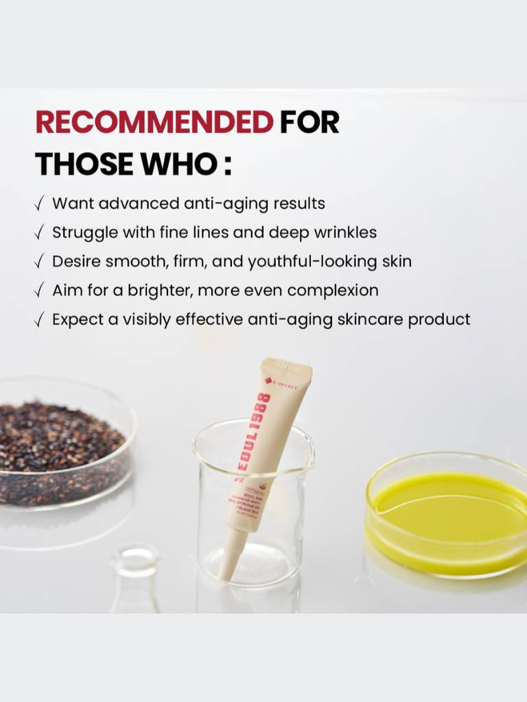 Skincare product with text highlighting its benefits on a white background