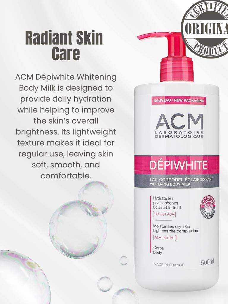 ACM Dépiwhite Whitening Body Milk bottle with product description on a white background