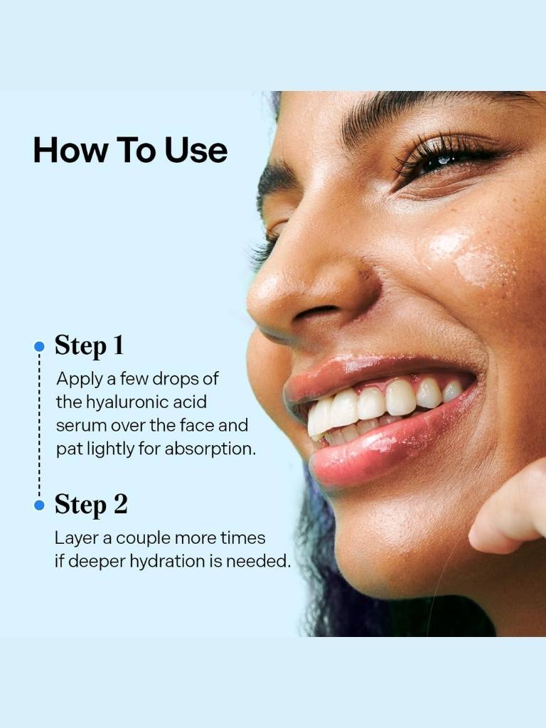 Woman applying hyaluronic acid serum with text on how to use it.