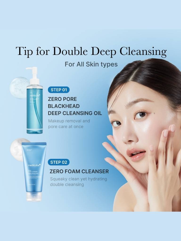Product advertisement for double deep cleansing with a woman applying skincare product on a light blue background.