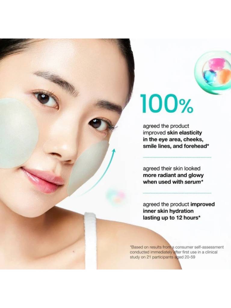 Advertisement for a skincare product showing a woman's face with text about product benefits.