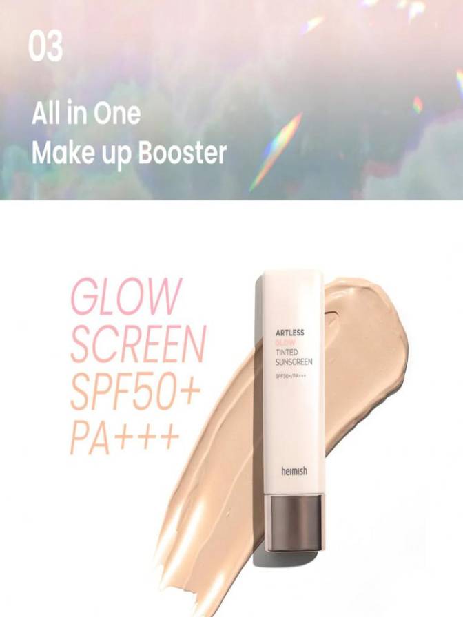 Makeup booster product with a swatch on a gradient background