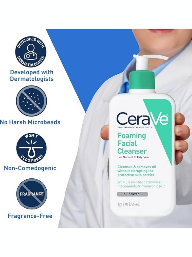 CeraVe foaming facial cleanser held by a person in a white coat with product features highlighted.