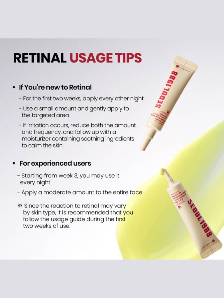 Retinal usage tips with two tubes of skincare product on a light gray background
