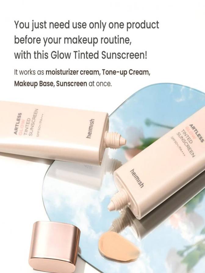 Two bottles of 'Anfluss' Glow Tinted Sunscreen with a blurred floral background.