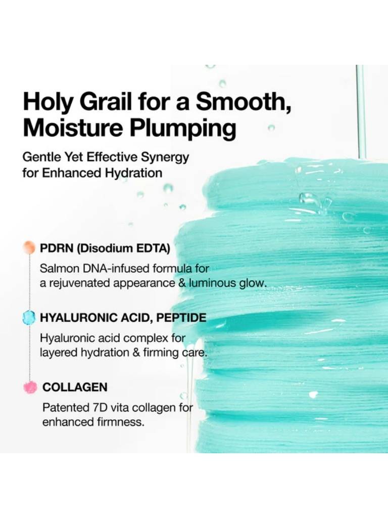 Product description with text and blue gel-like substance on a white background