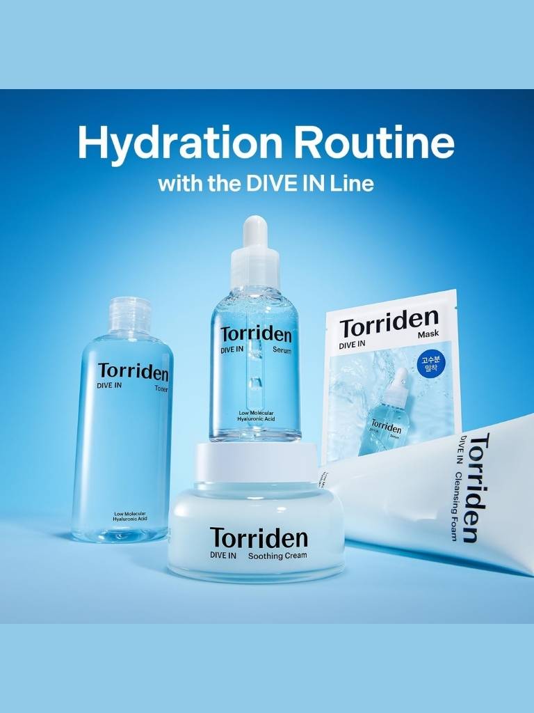 Torriden skincare products including bottles, a tube, and a pouch on a blue background with 'Hydration Routine' text.