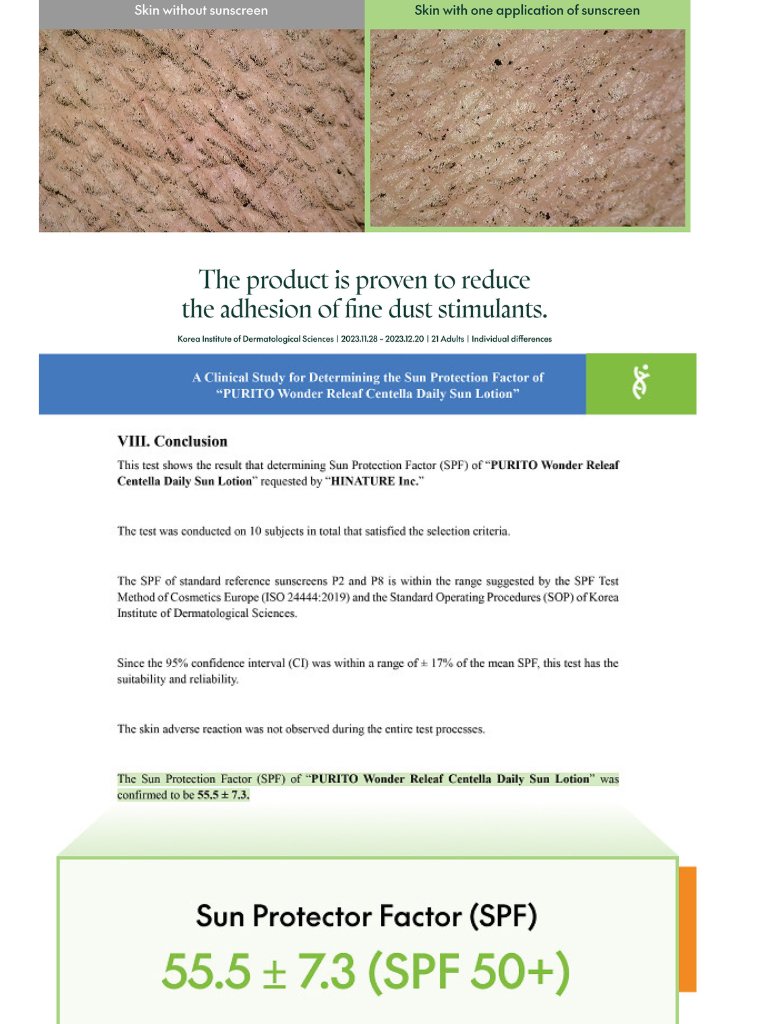 Product packaging with SPF 50+ text and sun protection factor details.