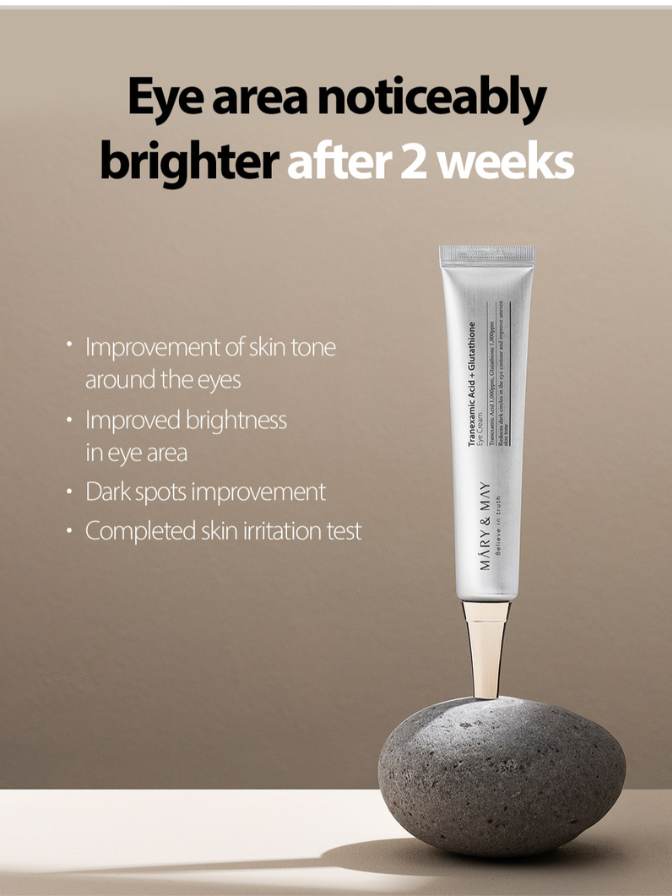 Skincare tube on a stone with text about eye area improvement after 2 weeks on a beige background
