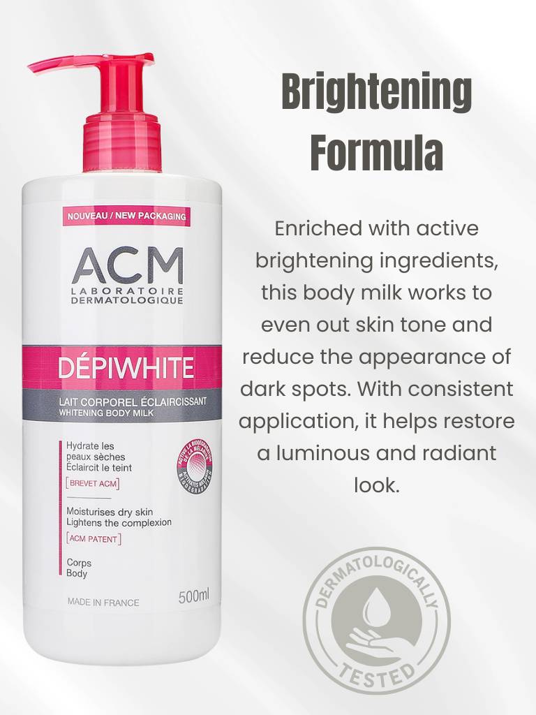 Body milk bottle with pink pump labeled 'DéPIWHITE' by ACM on a white background.
