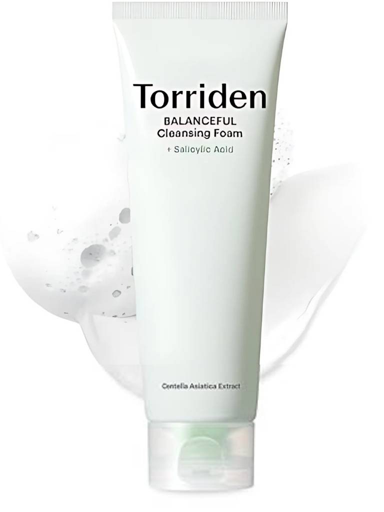 Torriden Balanceful Cleansing Foam tube with foam splash on a white background