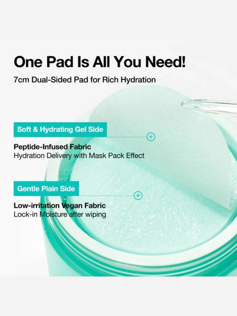 Dual-sided hydration pad with text describing its features on a white background