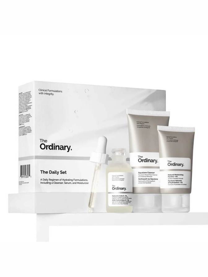 The Ordinary skincare set with packaging on a white background