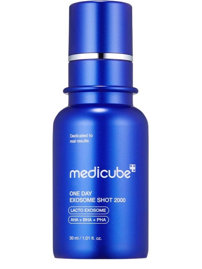 Blue Medicube skincare product bottle on a white background
