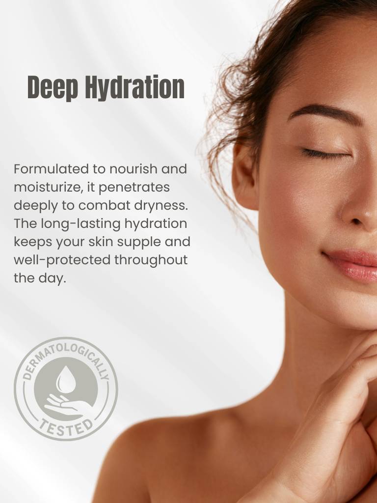 Woman with smooth skin and text about deep hydration skincare product