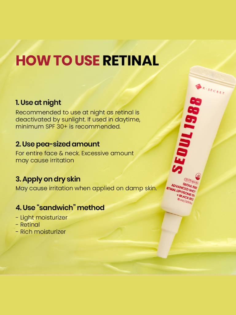 Seoul 1988 retinol serum with usage instructions on a yellow background