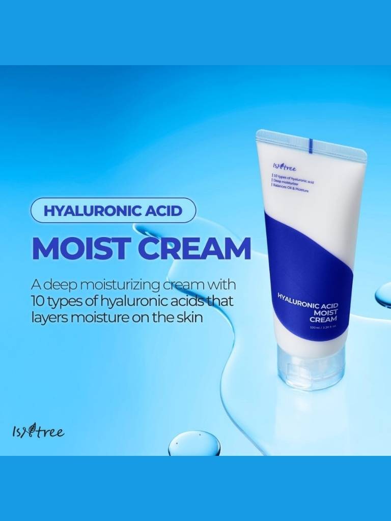Hyaluronic Acid Moist Cream tube on a blue background