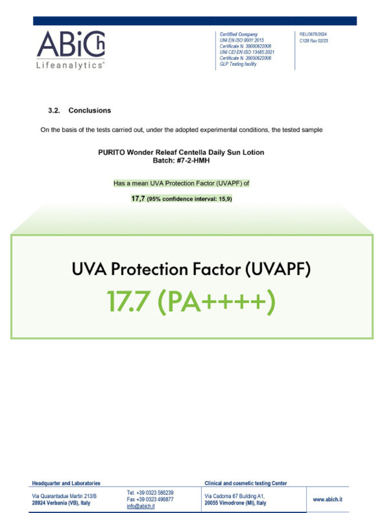 ABiG Lifeanalytics document with UVA Protection Factor information for a sun lotion.