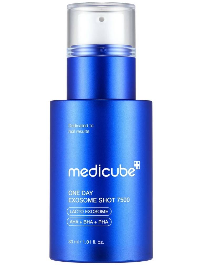 Blue Medicube skincare product bottle on a white background