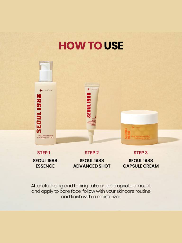 Three k-secret skincare products with step-by-step instructions on a beige background