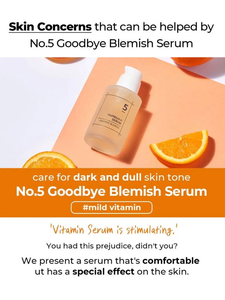 No.5 Goodbye Blemish Serum bottle with oranges on a light background