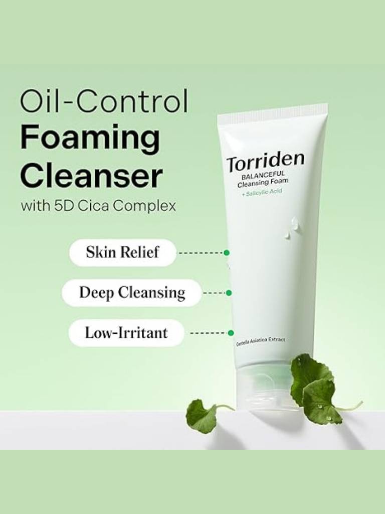 Torriden oil-control foaming cleanser tube with green background and text highlighting benefits.
