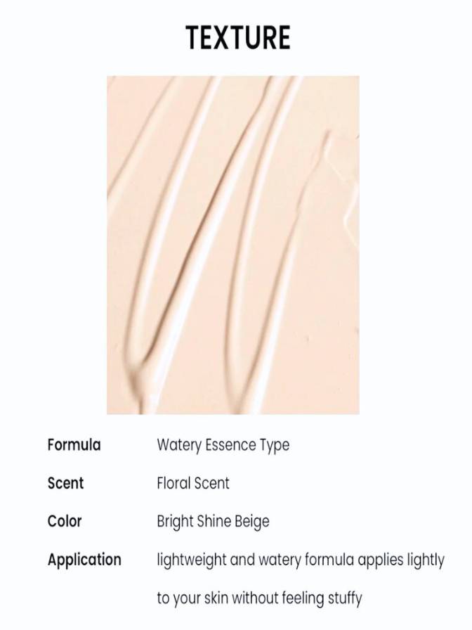 Product texture swatch with descriptive text about formula, scent, color, and application.