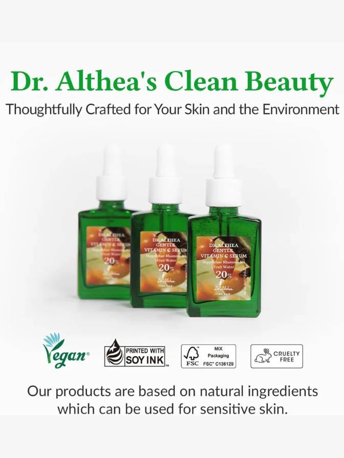 Three green bottles of Dr. Althea's Clean Beauty products on a white background with branding and product information.