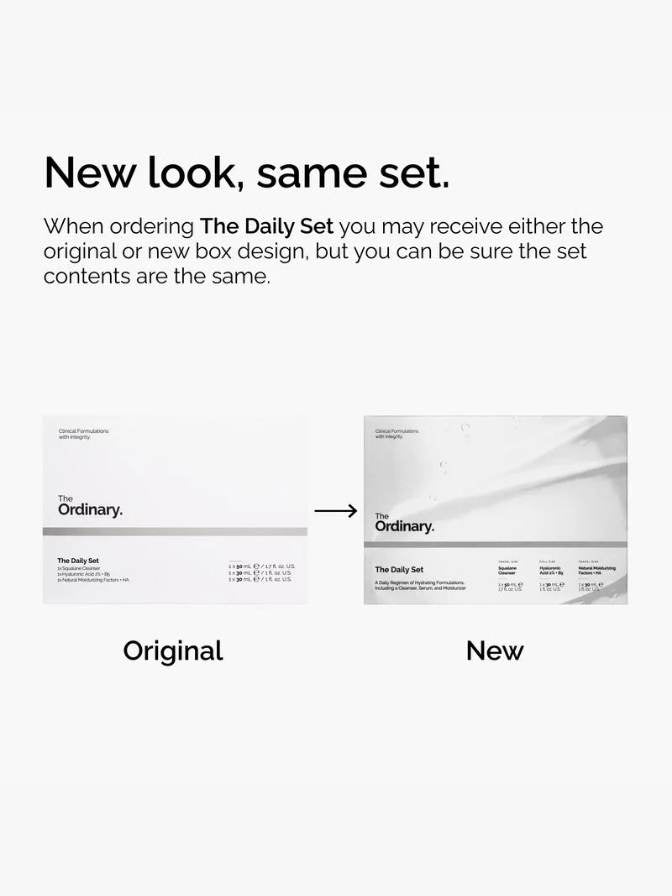 Comparison of 'The Ordinary' product packaging with original and new box designs on a white background.