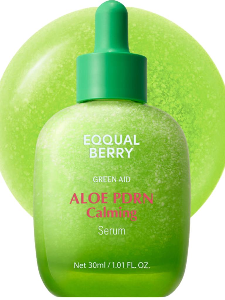 Green aloe vera serum bottle with dropper labeled 'Equal Berry' on a white background