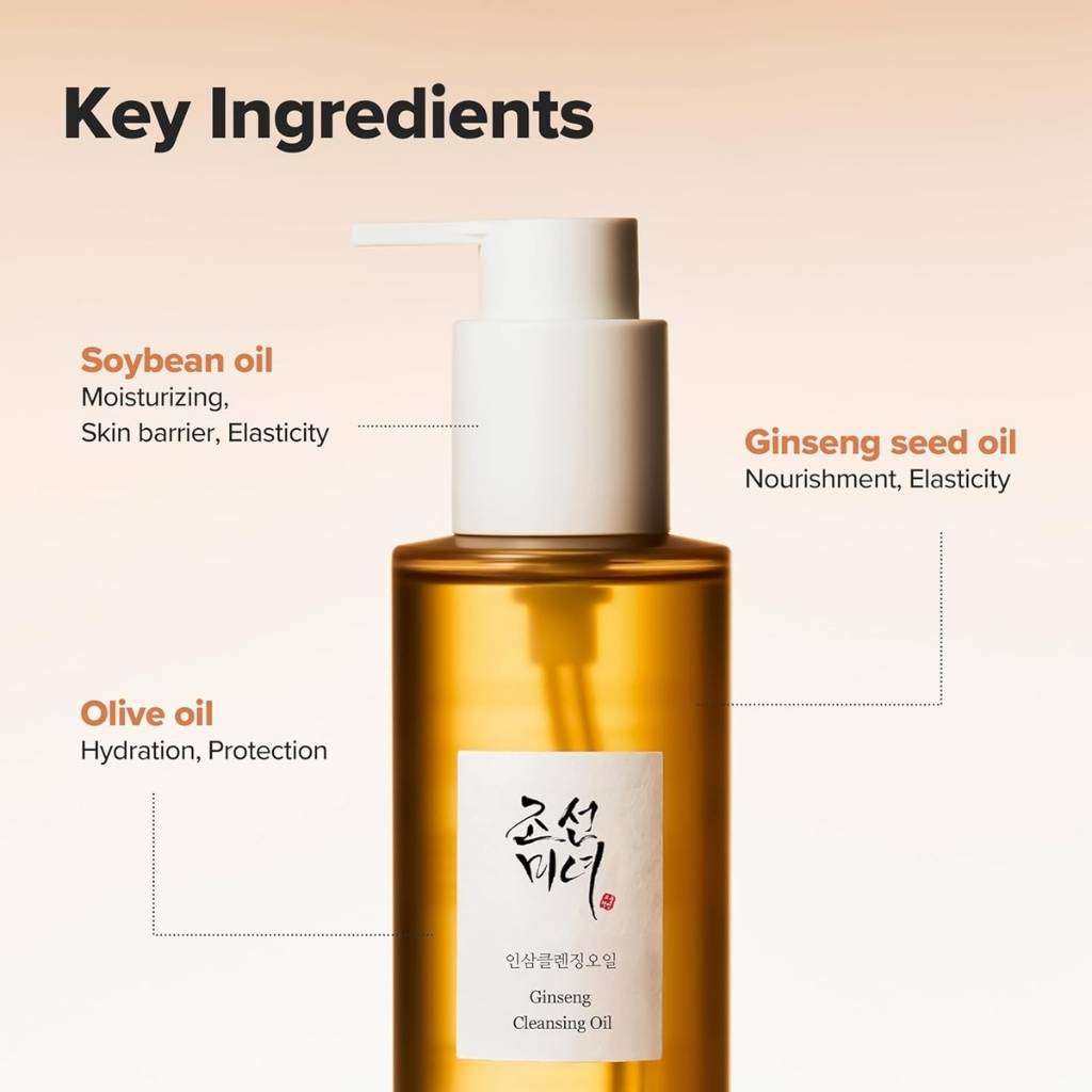 “Flat  lay of Beauty of Joseon Ginseng Cleansing Oil with ginseng roots and skincare items – nourishing Korean cleanser”
