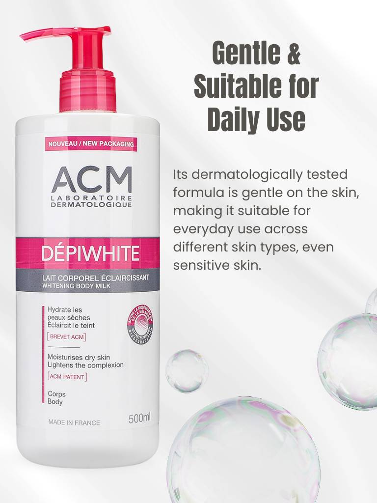 ACM Dépiwhite body milk bottle with text about its suitability for daily use on a white background.