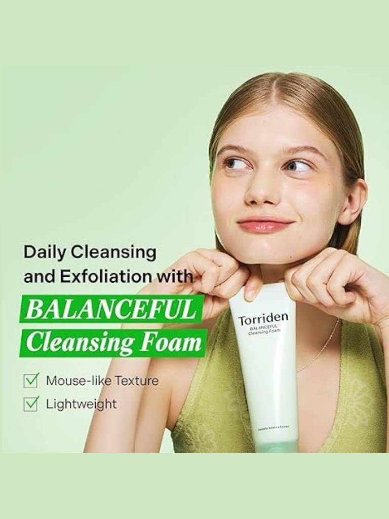 Young girl holding a tube of Torriden cleansing foam with text about daily cleansing and exfoliation on a green background.