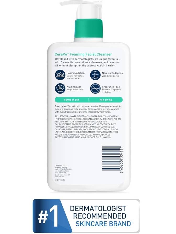 CeraVe foaming facial cleanser bottle with label on a white background