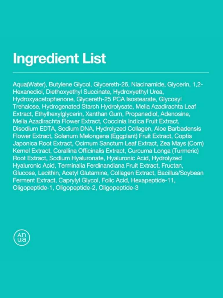 Ingredient list on a blue background with a visible brand logo.