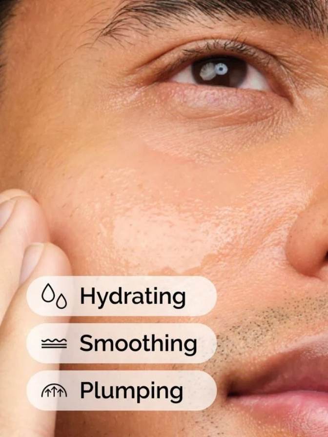 Close-up of a person's eye with text indicating hydrating, smoothing, and plumping effects.