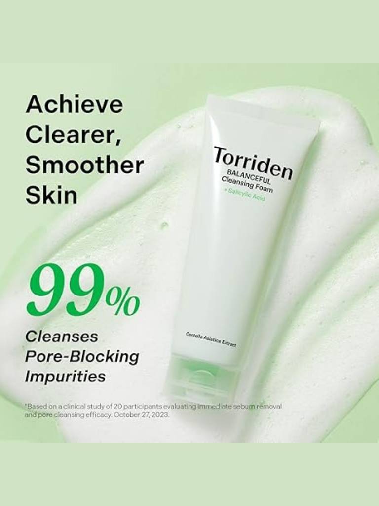 Torriden cleansing foam with text on a green background