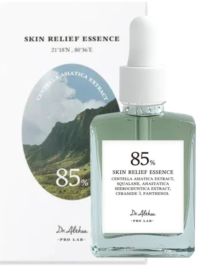 Bottle of 85% Skin Relief Essence with mountain landscape label