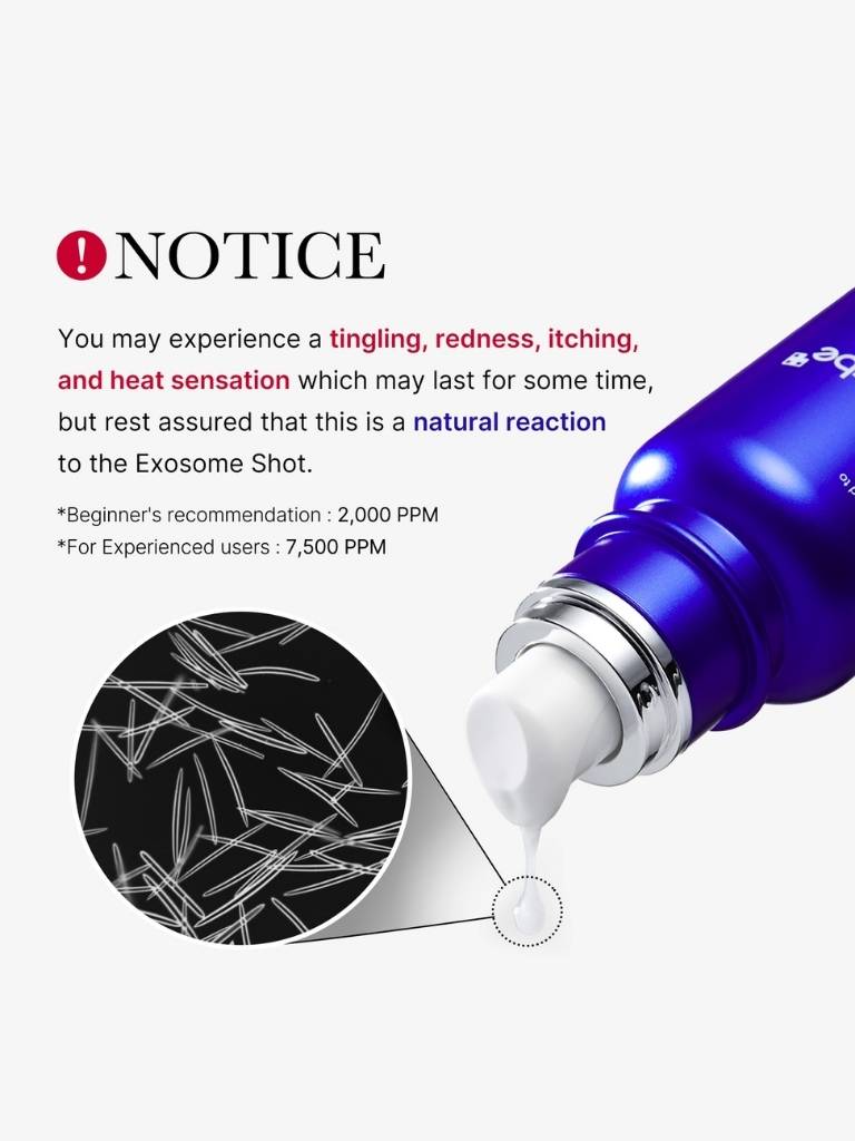Blue serum bottle with a dropper and notice text about potential reactions.
