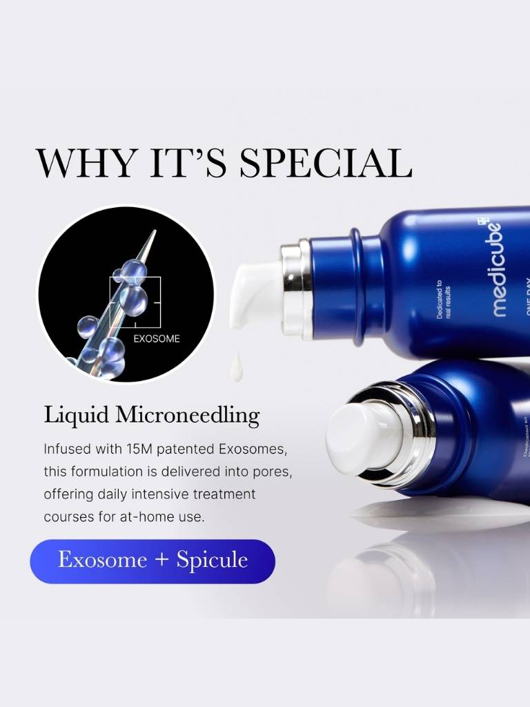Two blue skincare bottles with text explaining their special features on a light gray background.