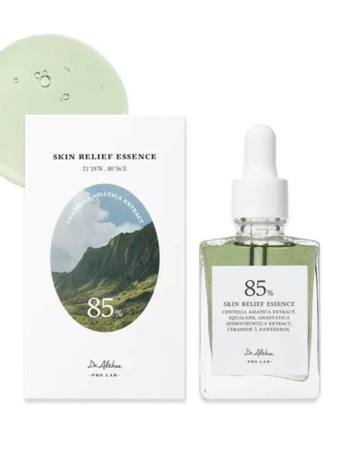 Skin Relief Essence bottle and packaging with mountain graphic on a white background